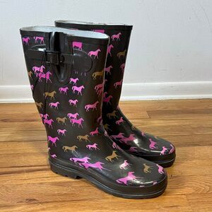 Dark Brown Pink Womens Mid Calf Horse Novelty Print Rain Boots Wester Chief 10